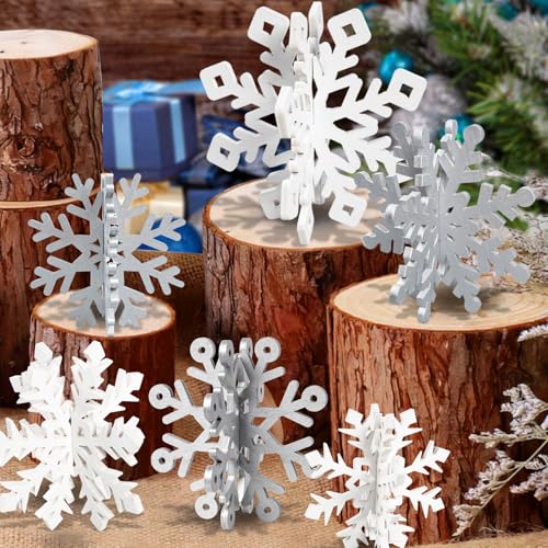 Wooden Snowflake Decorations, 3D Christmas Table Decorations, Set of 18 - color: White Silver, size: 18 set