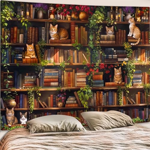 Accnicc Plant Cat Bookshelf Tapestry Botanical Floral Flower Cats Book Tapestries Wall Hanging Vintage Library Large Tapestry for Bedroom Living Room Dorm 80 x 60 inch - color: Green Brown, size: 80"L x 60"W