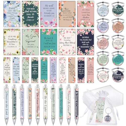 Jetec 150 Bible Verses Gift Set for 30 Christian Bookmarks 30 Scripture Ballpoint Pens 30 Christian Notebooks 30 Bible Verse Keychain 30 White Organza Bags for Women Men Office Church(Flower) - style: Flower