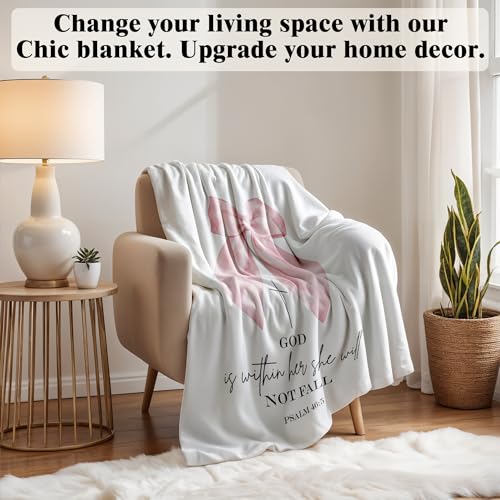 Coquette Pink Bow Christian Blanket, Christian Gifts for Women, Preppy Pink Bow Religious Bible Verse Throw Blankets for Girly Room Bedroom Dorm Apartment Couch Sofa, 50x60 Inches - color: Pink Bow