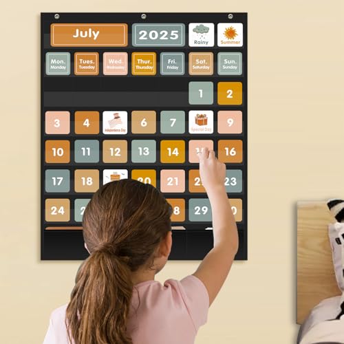 REGELETO Boho 46+3 Pockets Calendar Pocket Chart with 92 Cards for Classroom,Large Size: 28.75 x 24 inch Black Monthly Calendar and Weather Pocket Chart for Students Learning for Home or School - size: 46+3 Pockets