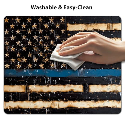 Thin Blue Line American Pride Flag Mouse Pad, Rustic Burnt Wood Desk Mat - color: Blue Line