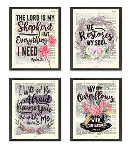 Psalm 23 1-5 Set of Art Prints, Set of 4, Unframed, Vintage Bible Page Verse Set Wall Decor Posters, 8x10 Inches