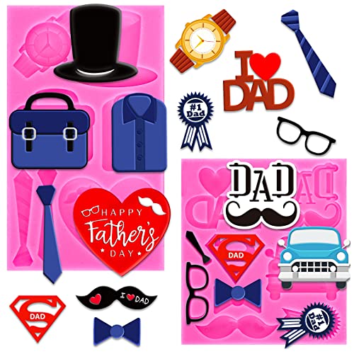 Whaline 2Pcs Father's Day Fondant Molds I Love DAD 3D Silicone Moulds Watch T-shirt Mustache Tie Pattern Resin Molds Cupcake Cookie Baking Decorating Moulds for Dad Birthday Party DIY Candy - style: Father's Day