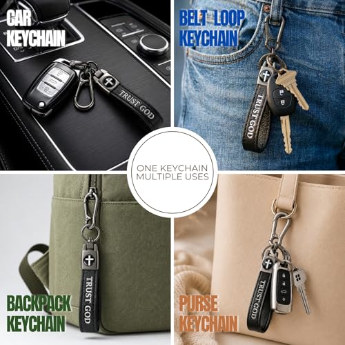Christian Cross Leather Keychain for Men – Christian Gift for Dad Husband Son - color: Black – Trust God