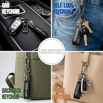 Christian Cross Leather Keychain for Men – Christian Gift for Dad Husband Son - color: Black – Trust God