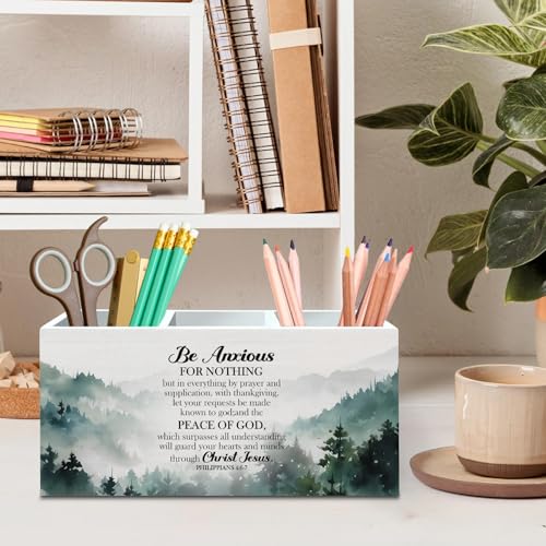 DILSJ Christian Inspirational Pen Pencil Holder Organizer for Desk, Christian Office Decor, Bible Verse Religious Wooden Box Signs for Church Home Office Desk Tabletop Decoration - color: Philippians4:6-7