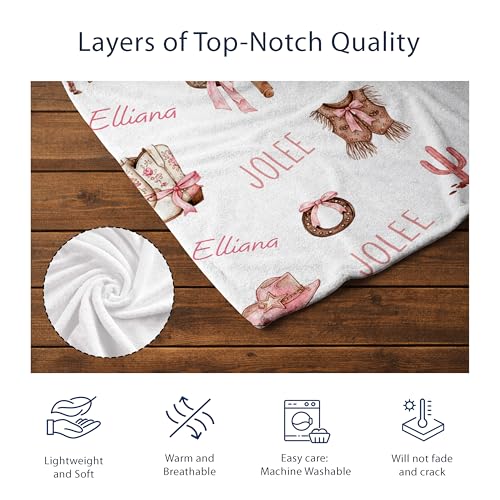Personalized Western Girl Baby Blanket, Pink Pony Boots Ribbon Pattern Design, Custom Name Toddler Kids Throw, Cowgirl Nursery Decor, Baby Girl Gift - color: Western Girl Baby Blanket