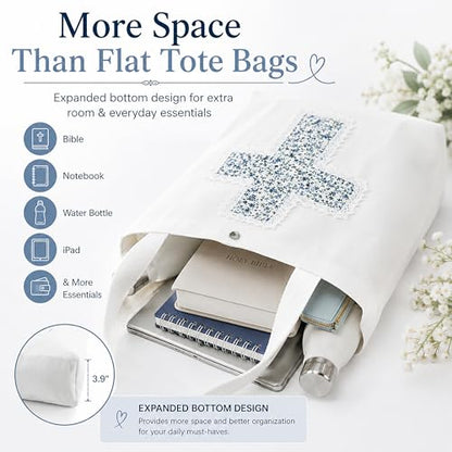 Christian Tote Bag Gift for Women, Canvas Bible Bag Handmade Floral Cross - color: White-blue Sprig