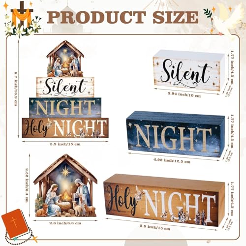 4 Pcs Christmas Nativity Set Decor Religious Nativity Scene Table Centerpieces Wooden Jesus Indoor Decoration Christian Silent Night Holy Night Block Sign for Xmas Winter Tiered Tray Mantle