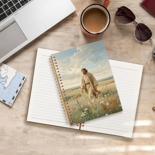 Christian Jesus Notebook Journal, Jesus Walking Wildflower Landscape Bible Prayer Spiral Hardcover Notebook Journal for Church Notes Study Office Work, 5.5x8.3 Inch - color: Christ in Flower Field
