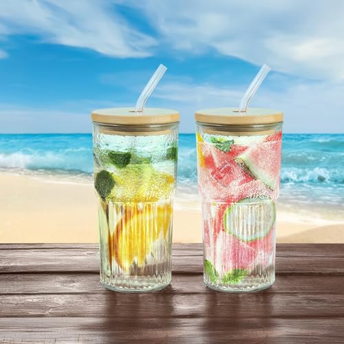 Joeyan 24 oz Clear Glass Tumbler with Straw and Bamboo Lid,Dishwasher Safe - color: Clear glass tumbler with bamboo lid