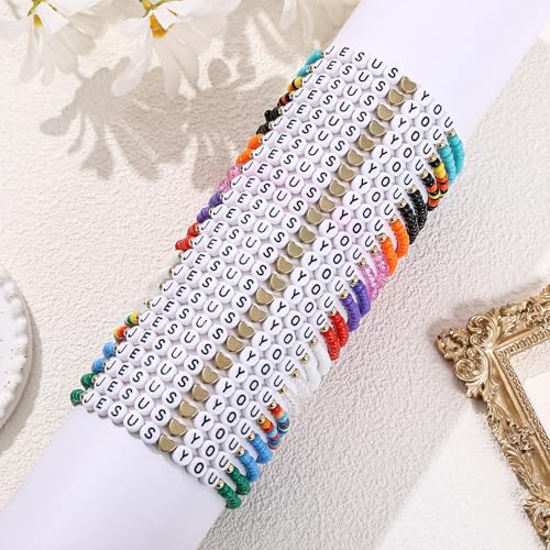 24Pcs Jesus Loves You Bracelets Bulk Handmade Clay Beads Bible Verse Bracelets Christian Friendship Jewelry Christmas Easter Gifts for Women Teen - color: Jesus 24-1