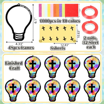 Renbuzhu 48PCS Sunday School VBS Crafts Bulk: Paper Lightbulb Cross Nativity Suncatchers, Jesus Religious Christian Activity DIY Kits Church Decorations, Window Stained Glass Effect Art Supplies - style: bulb cross