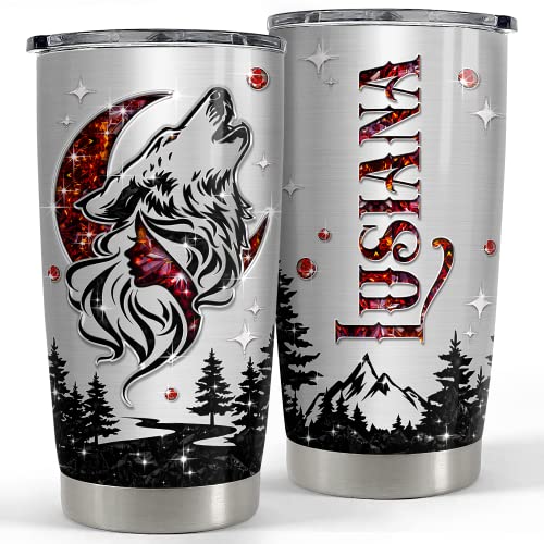 SANDJEST Personalized Wolf Tumbler with Customize Name Jewelry Drawing 20oz 30oz Tumbler with Lid Gift for Woman Man Friend Wolf Lovers - color: Wolf