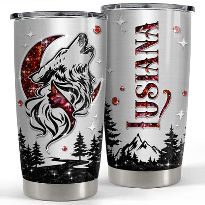 SANDJEST Personalized Wolf Tumbler with Customize Name Jewelry Drawing 20oz 30oz Tumbler with Lid Gift for Woman Man Friend Wolf Lovers - color: Wolf