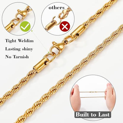 Cross Necklace for Boys Mens Stainless Steel Twisted Rope Chain Cross Pendant Rustproof Necklace for Teen Boy Mens Christian First Communion Confirmation Gifts for Boys - color: Gold