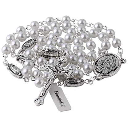 HanlinCC Guadalupe Catholic Rosary Glass Pearl Beads Necklace with Gift Box - color: Guadalupe Rosary White