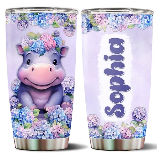Personalized Hippo Tumbler Gifts for Women Insulated Stainless Steel 20oz With Lid Travel Cup Coffee Mug Bottle Gift for Girls Daughter Animal Lover Custom Name - color: HIPPO