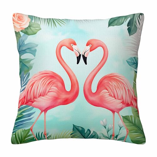 Tropical Palm Leaf Throw Pillow Cover,Pink Flamingos Heart Shape Decorative Pillow Case,Romantic Boho Botanical Cotton Linen Cushion Case for Home Decor 18 * 18 Inch - color: Settype01