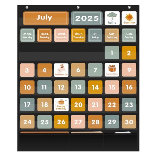 REGELETO Boho 46+3 Pockets Calendar Pocket Chart with 92 Cards for Classroom,Large Size: 28.75 x 24 inch Black Monthly Calendar and Weather Pocket Chart for Students Learning for Home or School - size: 46+3 Pockets
