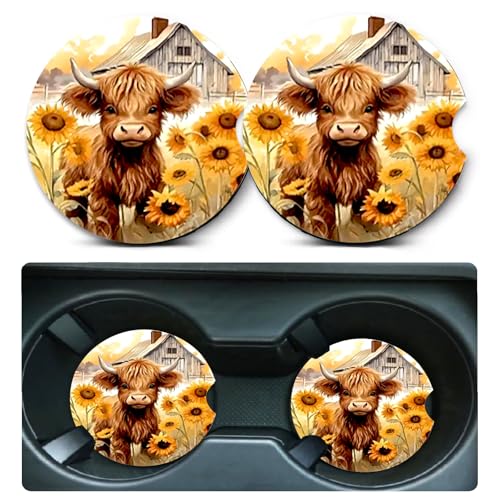 2 Pack Highland Cow Car Cup Holder Coasters,Universal Neoprene Coasters - color: Highland Cow