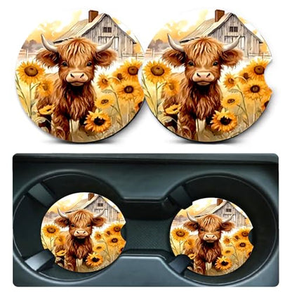 2 Pack Highland Cow Car Cup Holder Coasters,Universal Neoprene Coasters - color: Highland Cow
