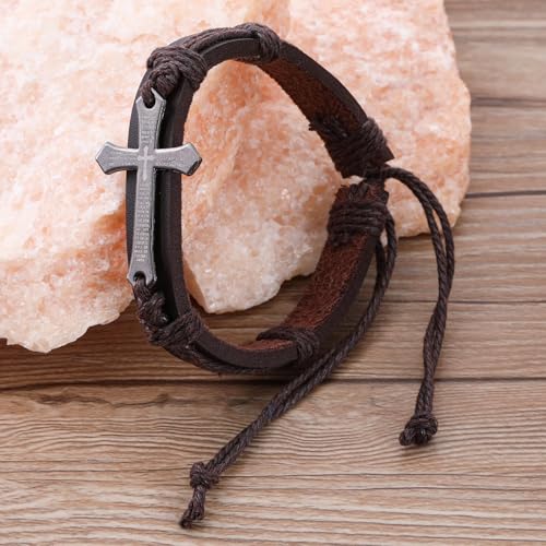 Religious Cross Leather Bracelet Adjustable Bangle Braided Jewelry for Men Cross Alloy Bracelet - color: Brown