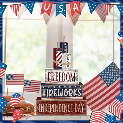 Britimes Tiered Tray Decor Set, 4 Pack, Wooden, 4th of July - style: Fireworks Independence Day