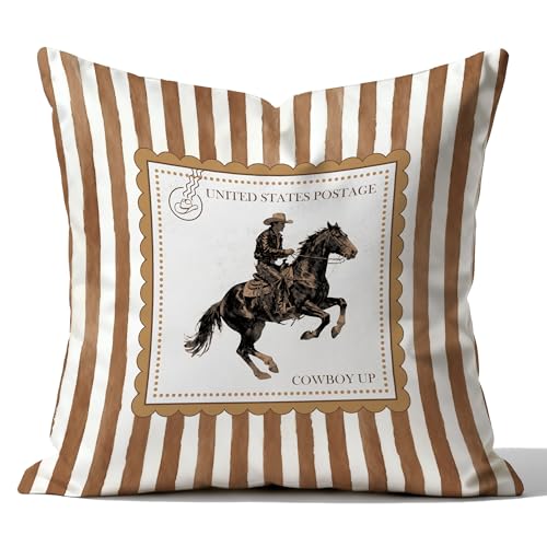 Western Cowboy Pillow Cover 18x18 Double-Sided, Cowboy Room Decor, Vintage Neutral Striped Southwestern Rodeo Decorative Pillowcase Throw Pillow Cover for Couch Bed - color: Color-4