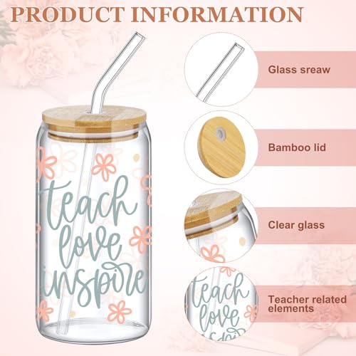 SiliFine 6 Pcs Teacher Gift Glass Cups, 16 oz with Lids and Straws - style: Teacher
