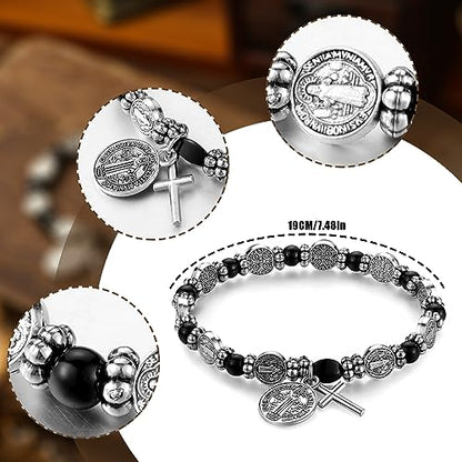Crowye 12 Pcs St Benedict Bracelets Bulk Silver Color Rosary Bracelet Catholic Saint Medal Gifts Adjustable Religious Gifts for Men Women Birthday Holiday Christmas Stocking Stuffers