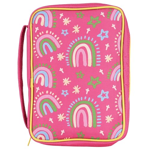 Dicksons Decorative Girls Zippered Bible Cover, Youth Book Case with Carry Handle for Church Travel, 9.5 x 7 Inch Denier Polyester Rainbow I Can Do All Things Pink