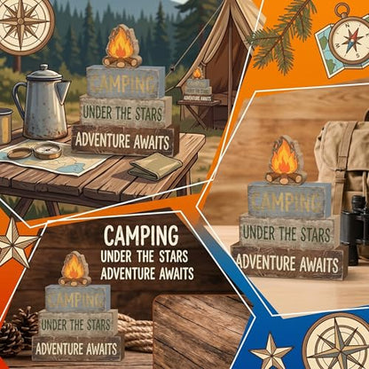 Britimes Tiered Tray Decor Set, 4 Pack, Wooden Table Sign, Camping Camper - style: Camping