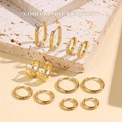 18K Gold Plated Hoop Earrings for Women, NICKEL-FREE & HYPOALLERGENIC, Timeless Jewelry Gift - color: Gold-6pcsB