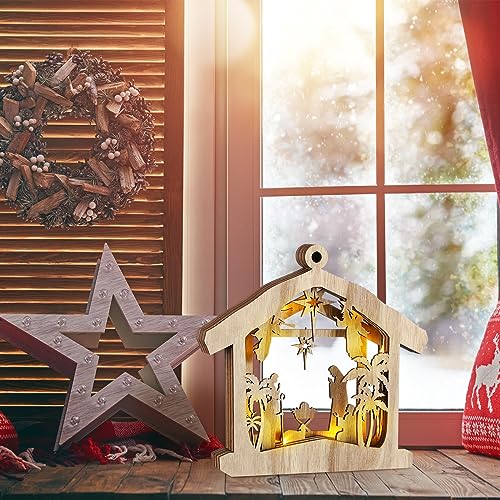 Bucherry Wooden Nativity Scene Christmas Tabletop Ornament,Hut - style: Hut