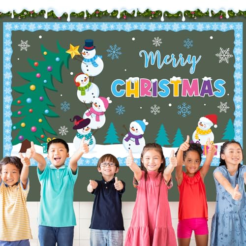 Winter Bulletin Board Decorations Merry Christmas Classroom Bulletin Board Set Snowman Tree Snowflakes Paper Cutouts for Winter Christmas Classroom Holiday School Office Home Wall Party Decor Supplies - style: Christmas Snowman