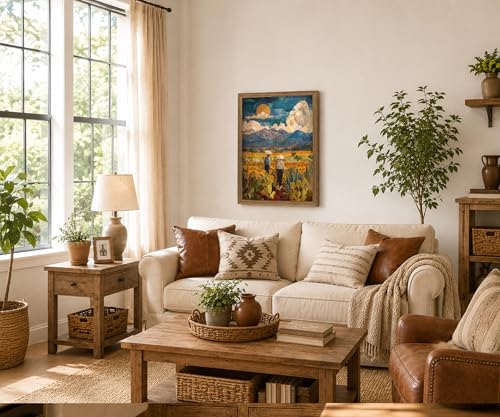 Framed Southwestern Cowboy Impasto Mountain Landscape Wall Art, 12x16 Inch - color: Multicolor - Teal, Gold, Green, Brown, Blue, Yellow, White, size: 12"L x 16"W