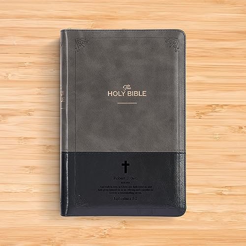 Personalized KJV Deluxe Standard Print King James Version Faux Leather Holy Bible with Thumb Index and Zippered Closure, Custom Name Includes Up to 3 Rows of Text with Red Letter Edition - color: Gray/Black