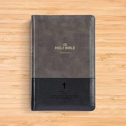 Personalized KJV Deluxe Standard Print King James Version Faux Leather Holy Bible with Thumb Index and Zippered Closure, Custom Name Includes Up to 3 Rows of Text with Red Letter Edition - color: Gray/Black