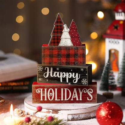 Moucuny 4 Pcs Wooden Block Signs Buffalo Plaid Holiday Farmhouse Decor - style: Buffalo Plaid