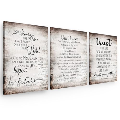 PHAMTE Christian Our Father The Lords Prayer Wall Art Decor Set of 3, Religious Inspirational Quotes Bible Verse Scripture Print Framed Canvas Painting Christian Prayer Room Office Church Decor(11x14) - color: vintage-A, size: 14"L x 11"W