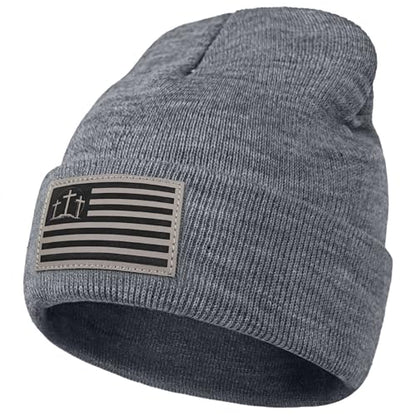 Christian Cross Beanie Hats for Men Women, Faith Winter Cuffed Hats, Religious Gifts for Thanksgiving Christmas New Years - color: Grey, style: Three Cross Flag