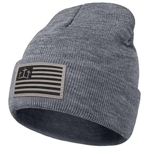 Christian Cross Beanie Hats for Men Women, Faith Winter Cuffed Hats, Religious Gifts for Thanksgiving Christmas New Years - color: Grey, style: Three Cross Flag
