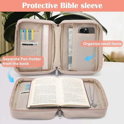 Small Bible Cover Case for Women and Men, 9x6 PU Leather Bible Sleeve, Compact Travel Bible Carrier Bag with Front Pen Holders, Zipper Closure, Inner Pockets - Beige - color: Beige, size: 9''x6.5''