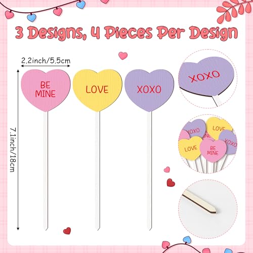 TICIAGA Colorful Heart Double-Sided Decorative Pick - 12PCS Romantic Wooden Heart Pick with Word Farmhouse Decor for Holiday, Love Conversation Heart Floral Decor for Mother's Day Wedding Party - color: Multicolored Heart with Words