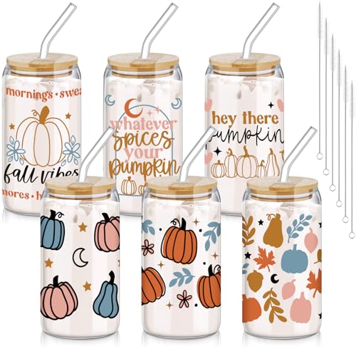 SiliFine 6 Pcs Fall Pumpkin Glass Cups, 16 oz with Lids and Straws - style: Harvest