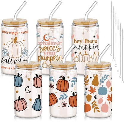 SiliFine 6 Pcs Fall Pumpkin Glass Cups, 16 oz with Lids and Straws - style: Harvest