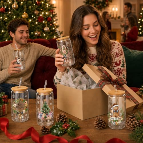 Teenyyou 12 Sets of Christmas Glasses Cups with Bamboo Lid and Glass Straw 16 oz Christmas Stripes Glass Jar Winter Drinking Cups Santa Snowman Elk Coffee Cup for Women Men Xmas Holiday Party Gifts - style: Wood Stripes