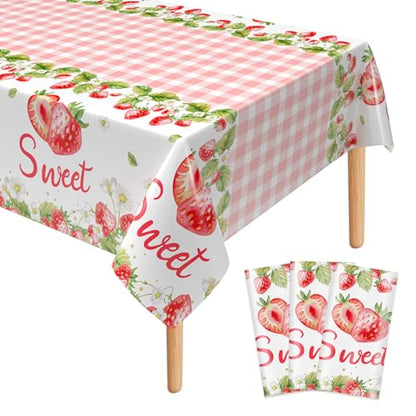 3Pcs Strawberry Plastic Tablecloth, Disposable Berry Sweet One Table Cover - color: Strawberry